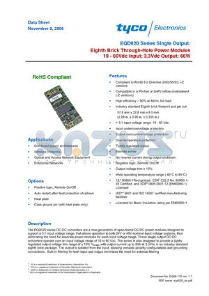 EQD020A0F641 datasheet - Eighth Brick Through-Hole Power Modules