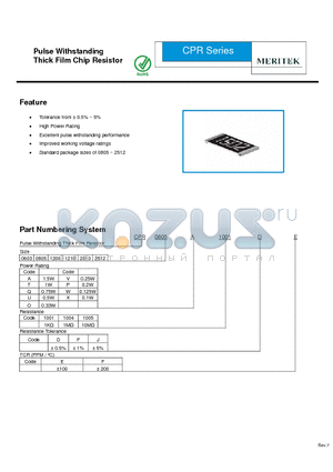 CPR0603U1004DE datasheet - Pulse Withstanding Thick Film Chip Resistor