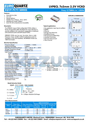 EQVP-PC72 datasheet - LVPECL 7x5mm 2.5V VCXO