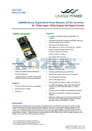 EQW006A0B1-SZ datasheet - 36 - 75Vdc Input; 12Vdc Output; 6A Output Current