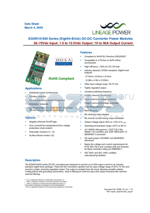 EQW010A0B1-HZ datasheet - 36 - 75Vdc Input; 1.0 to 12.0Vdc Output; 10 to 40A Output Current