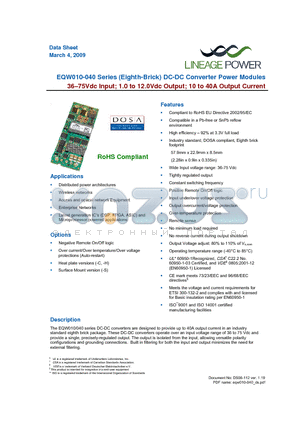 EQW040A0P1Z datasheet - 36 - 75Vdc Input; 1.0 to 12.0Vdc Output; 10 to 40A Output Current