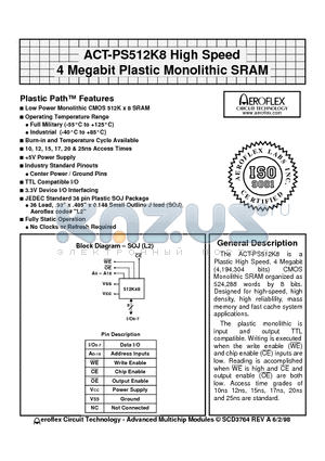 ACT-9S512K8N-017L2T datasheet - ACT-PS512K8 High Speed 4 Megabit Plastic Monolithic SRAM