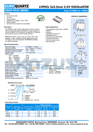 EQXP-PC52 datasheet - LVPECL 5x3.2mm 2.5V OSCILLATOR