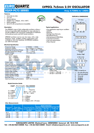 EQXP-PC72 datasheet - LVPECL 7x5mm 2.5V OSCILLATOR