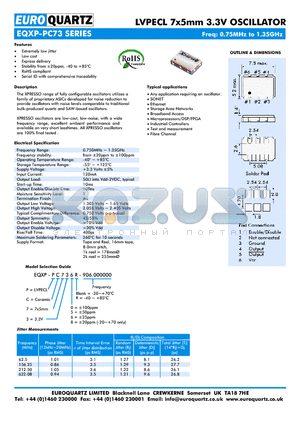 EQXP-PC73 datasheet - LVPECL 7x5mm 3.3V OSCILLATOR