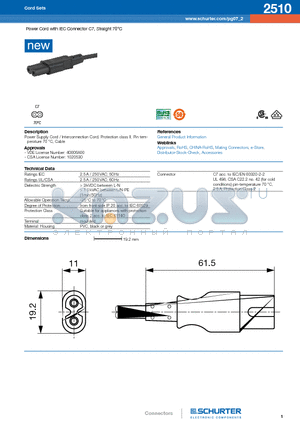 2510 datasheet - Power Cord with IEC Connector C7, Straight 70`C