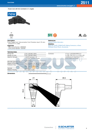 2511 datasheet - Power Cord with IEC Connector C7, Angled
