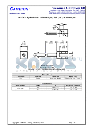 461-2634 datasheet - Eyelet mount connector pin, .040 (1,02) diameter pin