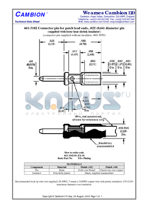 461-3102 datasheet - Connector pin for patch lead ends, .025 (0,64) diameter pin