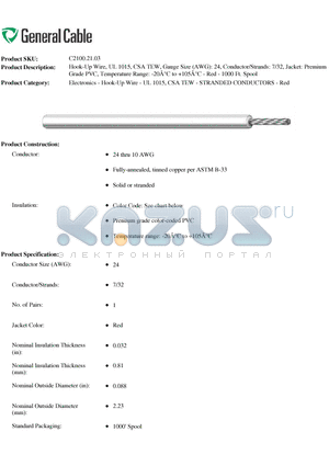 C2100.21.03 datasheet - Hook-Up Wire, UL 1015, CSA TEW, Gauge Size (AWG): 24, Conductor/Strands: 7/32