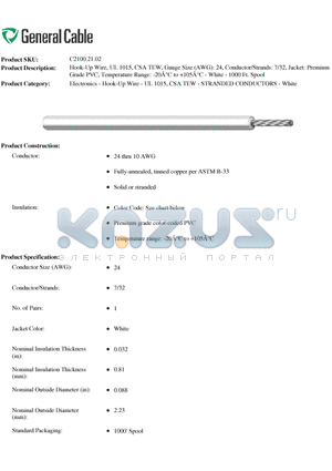C21002102 datasheet - Hook-Up Wire, UL 1015, CSA TEW, Gauge Size (AWG): 24, Conductor/Strands: 7/32