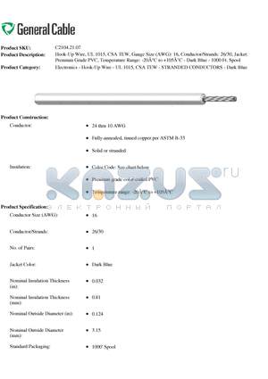 C2104.21.07 datasheet - Hook-Up Wire, UL 1015, CSA TEW, Gauge Size (AWG): 16, Conductor/Strands: 26/30