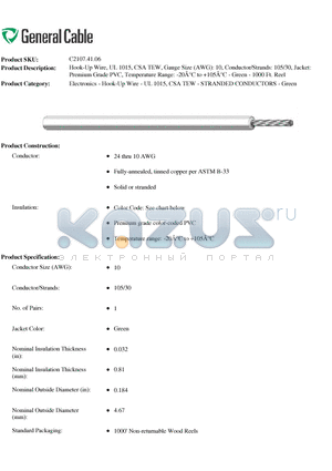 C21074106 datasheet - Hook-Up Wire, UL 1015, CSA TEW, Gauge Size (AWG): 10, Conductor/Strands: 105/30