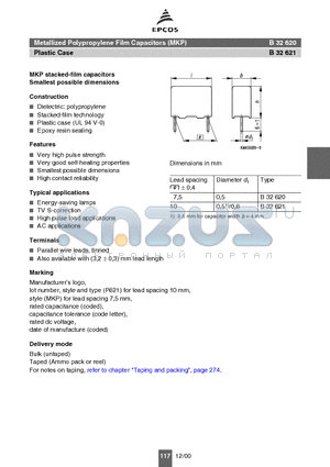 B32620-A3104 datasheet - Metallized Polypropylene Film Capacitors (MKP) Plastic Case