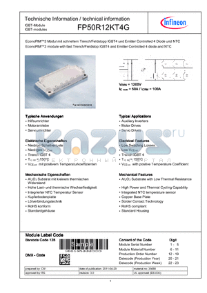 FP50R12KT4G datasheet - EconoPIM3 module with fast Trench/Fieldstop IGBT4 and Emitter Controlled 4 diode and NTC