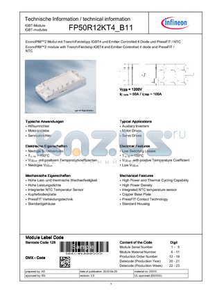 FP50R12KT4_B11 datasheet - EconoPIM2 module with Trench/Fieldstopp IGBT4 and Emitter Controlled 4 diode and PressFIT / NTC