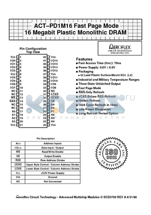 ACT-PD1M16X-070L4T datasheet - ACT-PD1M16 Fast Page Mode 16 Megabit Plastic Monolithic DRAM