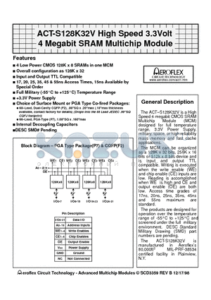 ACT-S128K32V-020F2Q datasheet - ACT-S128K32V High Speed 3.3Volt 4 Megabit SRAM Multichip Module