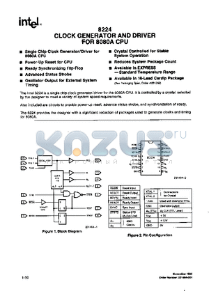 8224 datasheet - CLOCK GENERATOR AND DRIVER FOR 8080A CPU