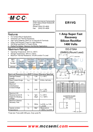 ER1VG datasheet - 1 Amp Super Fast Recovery Silicon Rectifier 1400 Volts