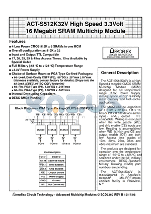 ACT-S512K32V-017F2C datasheet - ACT-S512K32V High Speed 3.3Volt 16 Megabit SRAM Multichip Module