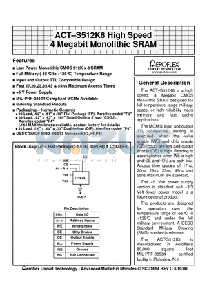 ACT-S512K8N-017F4T datasheet - ACT-S512K8 High Speed 4 Megabit Monolithic SRAM