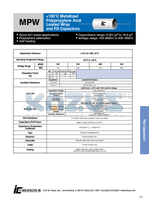 822MPW400K datasheet - 105`C Metallized Polypropylene Axial Leaded Wrap and Fill Capacitors