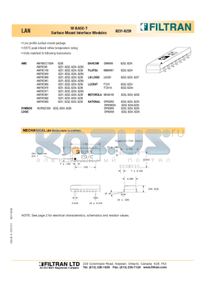 8237 datasheet - LAN 10 BASE-T Surface Mount Interface Modules