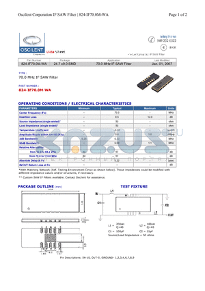 824-IF70.0M-WA datasheet - 70.0 MHz IF SAW Filter