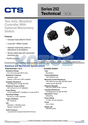 252A103ATB datasheet - Two Axis, Ministick Controller With Optional Momentary Switch