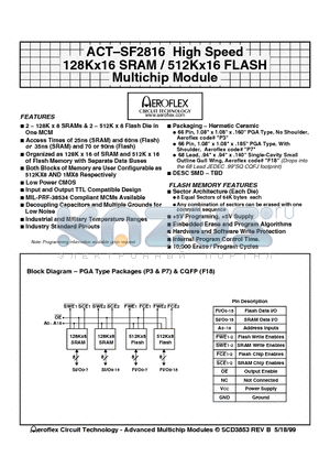 ACT-SF2816N-37F18T datasheet - ACT-SF2816 High Speed 128Kx16 SRAM / 512Kx16 FLASH Multichip Module