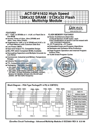 ACT-SF41632N-26P1C datasheet - ACT-SF41632 High Speed 128Kx32 SRAM / 512Kx32 Flash Multichip Module