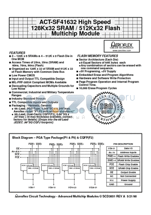 ACT-SF41632N-37P1T datasheet - ACT-SF41632 High Speed 128Kx32 SRAM / 512Kx32 Flash Multichip Module