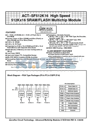 ACT-SF512K16N-26F18I datasheet - ACT-SF512K16 High Speed 512Kx16 SRAM/FLASH Multichip Module