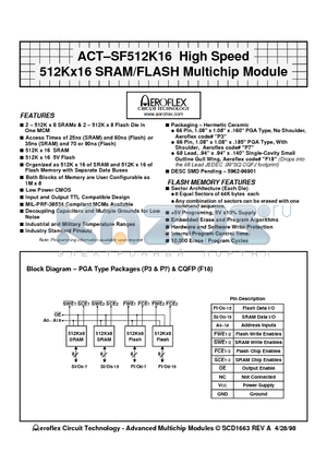 ACT-SF512K16N-26P3M datasheet - ACT-SF512K16 High Speed 512Kx16 SRAM/FLASH Multichip Module