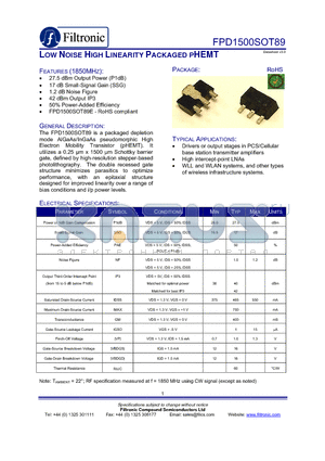 FPD1500SOT89CE datasheet - LOW NOISE HIGH LINEARITY PACKAGED PHEMT