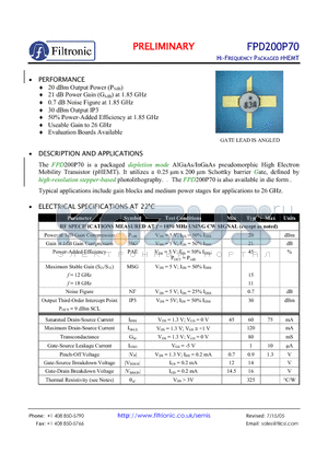 FPD200P70 datasheet - HI-FREQUENCY PACKAGED PHEMT