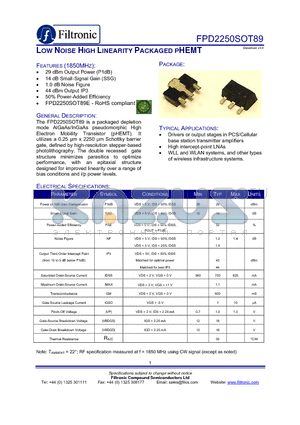FPD2250SOT89 datasheet - LOW NOISE HIGH LINEARITY PACKAGED PHEMT