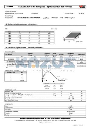 82535250 datasheet - HIGH SURGE 1812 SMD VARISTOR