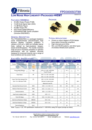 FPD3000SOT89E-BE datasheet - LOW NOISE HIGH LINEARITY PACKAGED PHEMT