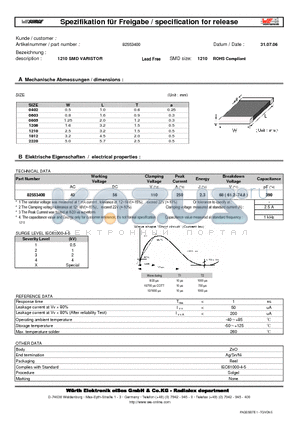 82553400 datasheet - 1210 SMD VARISTOR