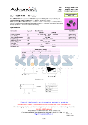 ACT1525CV datasheet - HCMOS Voltage Controlled Digitally Compensated Crystal