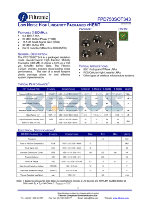 FPD750SOT343 datasheet - LOW NOISE HIGH LINEARITY PACKAGED PHEMT