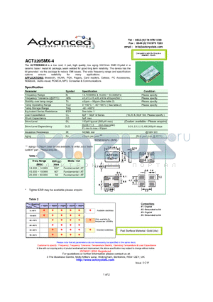 ACT320SMX-4 datasheet - low cost, 4 pad, high quality, low aging 3X2.5mm SMD Crystal in a ceramic base