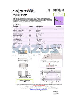 ACT3215 datasheet - surface mount high density Watch Crystal