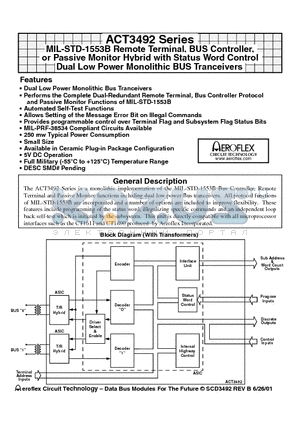 ACT3492 datasheet - MIL-STD-1553B Remote Terminal, BUS Controller, or Passive Monitor Hybrid with Status Word Control Dual Low Power Monolithic BUS Tranceivers