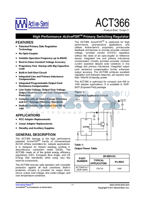 ACT366 datasheet - High Performance ActivePSRTM Primary Switching Regulator