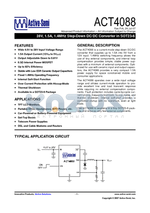 ACT4088US-T datasheet - 28V, 1.5A, 1.4MHz Step-Down DC/DC Converter in SOT23-6