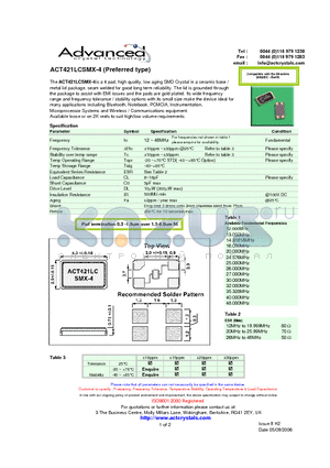 ACT421LCSMX-4 datasheet - 4 pad, high quality, low aging SMD Crystal